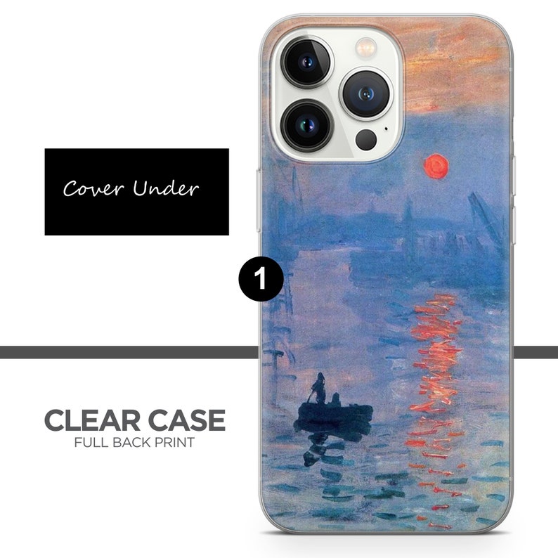 May include: A clear phone case with a full back print of a painting depicting a sunrise over a body of water with a small boat and a person in it. The painting is in shades of blue, pink, and orange.