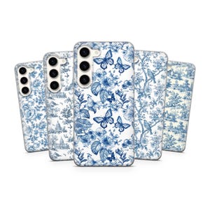 Blue French Toile Phone Case fit Samsung S25 Ultra, S24 FE, Samsung S22, S21, Galaxy A05, Samsung A56, A55, A54, Samsung A36, A35, A16, A15