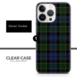 Peut inclure: Une coque de t&eacute;l&eacute;phone transparente avec un motif &eacute;cossais noir, vert et bleu. La coque est con&ccedil;ue pour un iPhone avec un renflement de cam&eacute;ra. Le texte "Cover Under" est visible sur l'image.