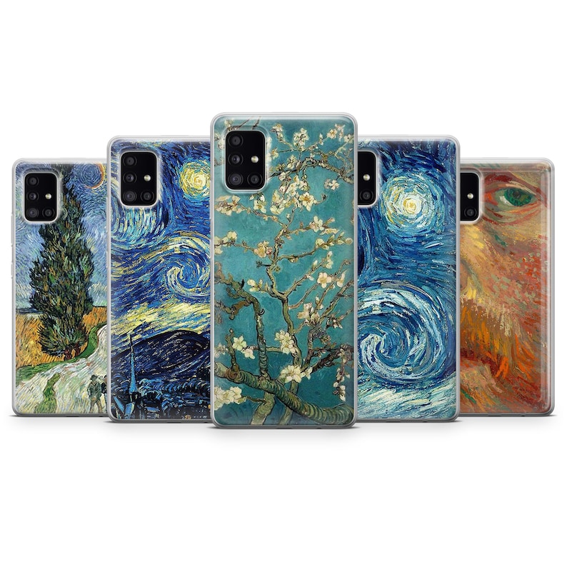 May include: Five rectangular smartphone cases featuring iconic Vincent van Gogh paintings. The designs include Wheat Field with Cypresses, The Starry Night, Almond Blossoms, another Starry Night variation, and a close-up of a self-portrait.