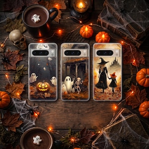 May include: Three clear smartphone cases featuring Halloween-themed illustrations. The first shows ghosts and a jack-o'-lantern in a forest. The second depicts ghosts and a skeleton by a house. The third shows a witch and child walking toward a castle.