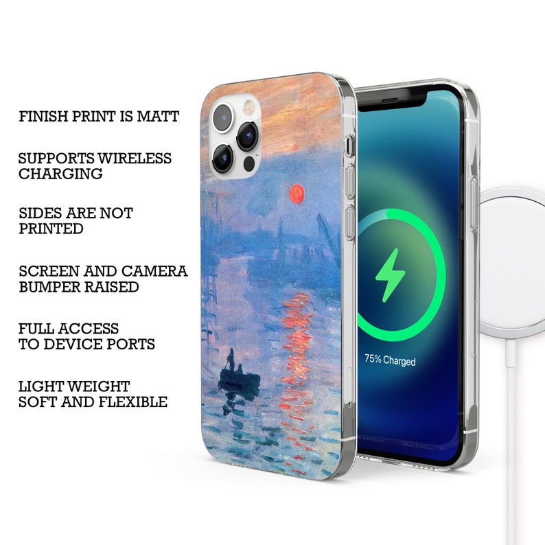 May include: A clear phone case with a colorful painting of a sunset over water. The case is compatible with wireless charging and has a raised bumper to protect the screen and camera.