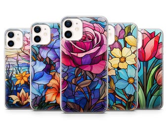 Custodia per telefono con motivo floreale in vetro colorato per iPhone 17 Pro Max, 16e, 15, 14, 12 e Samsung S25 Ultra, S24 FE, A56, Pixel 10 XL, 9a, 8