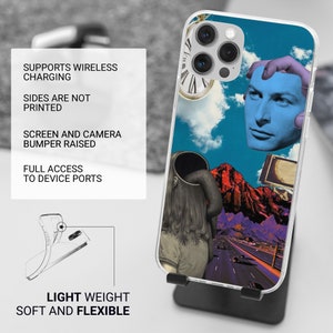 May include: A clear phone case with a colorful collage design featuring a mountain range, a road, a clock, and a person's head. The text "SUPPORTS WIRELESS CHARGING", "SIDES ARE NOT PRINTED", "SCREEN AND CAMERA BUMPER RAISED", "FULL ACCESS TO DEVICE PORTS", "LIGHT WEIGHT SOFT AND FLEXIBLE" is printed on the left side of the image.