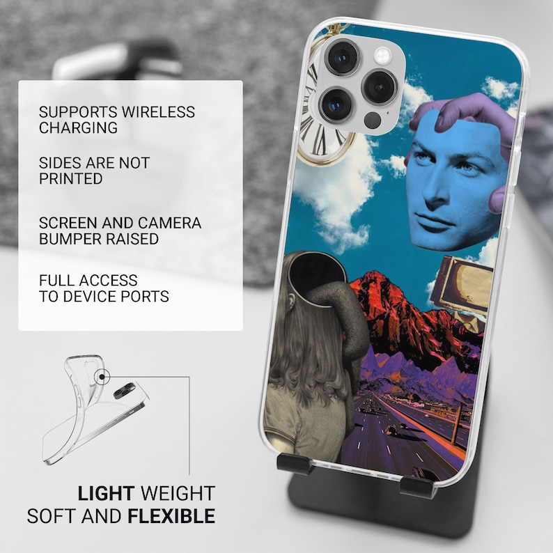 May include: A clear phone case with a colorful collage design featuring a mountain range, a road, a clock, and a person's head. The text "SUPPORTS WIRELESS CHARGING", "SIDES ARE NOT PRINTED", "SCREEN AND CAMERA BUMPER RAISED", "FULL ACCESS TO DEVICE PORTS", "LIGHT WEIGHT SOFT AND FLEXIBLE" is printed on the left side of the image.