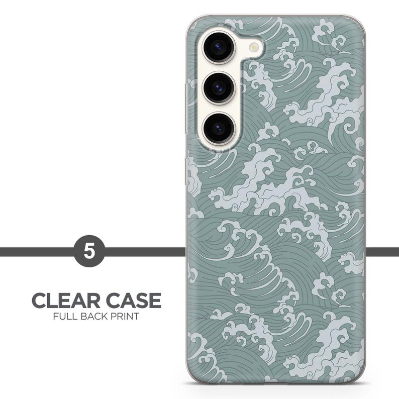 May include: A clear smartphone case featuring a repeating pattern of stylized light blue waves on a muted sage green background. The case has a vertical camera cutout with three circular lenses. Text on the left reads 5 CLEAR CASE FULL BACK PRINT.