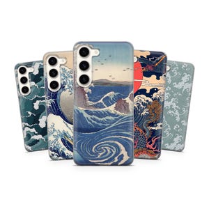 May include: Five rectangular smartphone cases arranged in a row, each featuring distinct Japanese-inspired art. Designs include stylized blue ocean waves, swirling water patterns, a large red sun, and a mythical creature, all with camera cutouts.