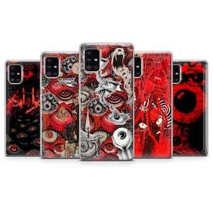 Könnte beinhalten: Fünf verschiedene Handyhüllen mit einem roten und schwarzen Augen-Motiv. Die Hüllen zeigen eine Vielzahl von Bildern, darunter Augen, Münder und andere abstrakte Formen. Der Text "an escape from reality" ist auf einer der Hüllen sichtbar.