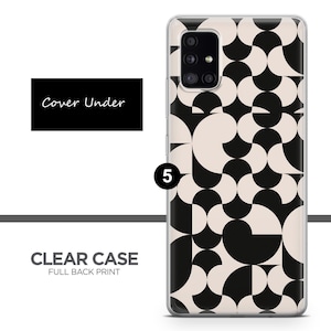 May include: A clear phone case with a black and white geometric pattern. The case is designed for a Samsung Galaxy S20. The case has a full back print.