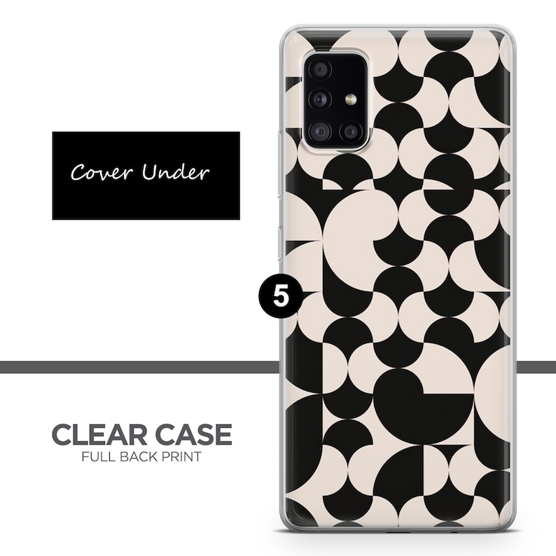 May include: A clear phone case with a black and white geometric pattern. The case is designed for a Samsung Galaxy S20. The case has a full back print.