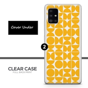 May include: A clear phone case with a geometric pattern of yellow circles and semi-circles on a white background. The case is designed for a Samsung Galaxy phone with a triple camera lens. The text "Cover Under" is visible in the top left corner of the image. The text "CLEAR CASE FULL BACK PRINT" is visible in the bottom left corner of the image.