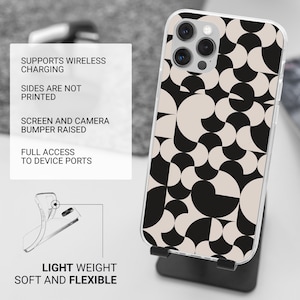 May include: A clear phone case with a black and white geometric pattern. The case is designed to support wireless charging and has a raised bumper to protect the screen and camera. The case also has full access to all device ports. The text "SUPPORTS WIRELESS CHARGING", "SIDES ARE NOT PRINTED", "SCREEN AND CAMERA BUMPER RAISED", "FULL ACCESS TO DEVICE PORTS", "LIGHT WEIGHT SOFT AND FLEXIBLE" is printed on the case.