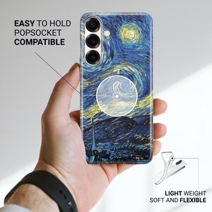 May include: A smartphone case featuring a Starry Night print with a circular center design. Text on the image reads: EASY TO HOLD POPSOCKET COMPATIBLE and LIGHT WEIGHT SOFT AND FLEXIBLE. The case is shown as flexible and transparent in a small inset.