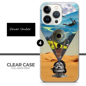 May include: A clear phone case with a full back print of a surreal collage. The design features a giant eye, a woman holding the eye, a man with a third eye, and a skydiver. The text "Cover Under" is visible in the top left corner.