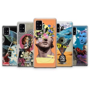 May include: Five different phone cases with colorful and abstract designs. The designs include a bust of a statue with flowers, a woman with a butterfly, a psychedelic pattern, a landscape with a giant eye, and a landscape with a mountain and a road.