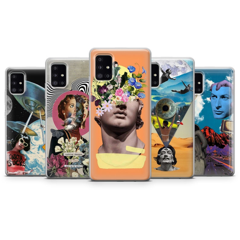 May include: Five different phone cases with colorful and abstract designs. The designs include a bust of a statue with flowers, a woman with a butterfly, a psychedelic pattern, a landscape with a giant eye, and a landscape with a mountain and a road.