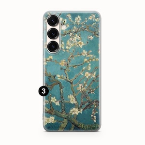 May include: A rectangular smartphone case featuring a reproduction of Vincent van Gogh's Almond Blossoms painting. The design displays white flowers on brown branches against a teal blue background. The case has three circular camera cutouts.