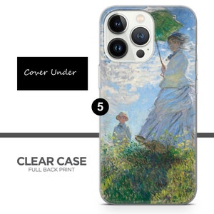 May include: A clear phone case with a full back print of a painting by Claude Monet. The painting depicts a woman in a white dress holding a green umbrella, walking in a field with a child. The case has a clear back and a white border around the camera lenses.