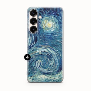 May include: A rectangular smartphone case featuring a reproduction of a swirling blue and yellow night sky painting. The case has a vertical camera array with three black lenses on the upper left side and a small circular flash next to them.