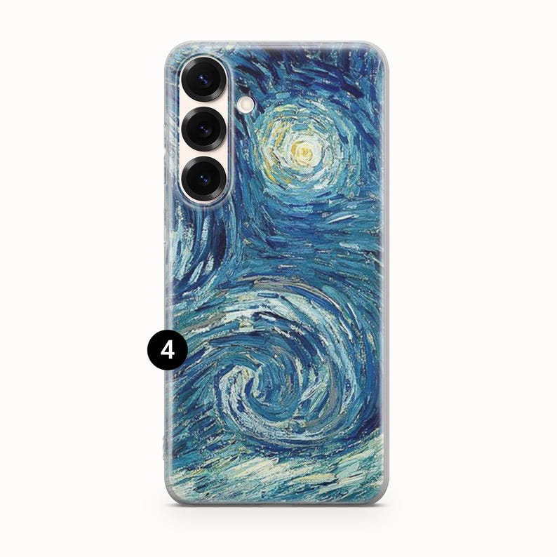 May include: A rectangular smartphone case featuring a reproduction of a swirling blue and yellow night sky painting. The case has a vertical camera array with three black lenses on the upper left side and a small circular flash next to them.