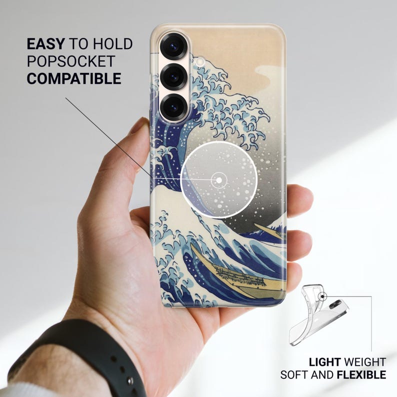 May include: A smartphone case featuring a print of a large blue wave with white foam, three camera lenses, and a circular center mark. Text reads EASY TO HOLD POPSOCKET COMPATIBLE and LIGHT WEIGHT SOFT AND FLEXIBLE. The case is thin and flexible.