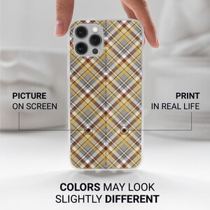 Peut inclure: Une coque de t&eacute;l&eacute;phone transparente avec un motif &agrave; carreaux brun, jaune et blanc. La coque est con&ccedil;ue pour un iPhone avec un appareil photo &agrave; trois objectifs. Le texte "PICTURE ON SCREEN" et "PRINT IN REAL LIFE" est visible sur l'image. Le texte "COLORS MAY LOOK SLIGHTLY DIFFERENT" est &eacute;galement visible.