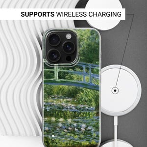 May include: A clear phone case featuring a Monet water lily painting print on the back, with a triple camera cutout. The text SUPPORTS WIRELESS CHARGING and SIDES ARE NOT PRINTED is visible, indicating the case design and functional compatibility.