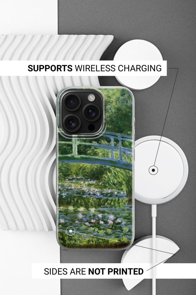 May include: A clear phone case featuring a Monet water lily painting print on the back, with a triple camera cutout. The text SUPPORTS WIRELESS CHARGING and SIDES ARE NOT PRINTED is visible, indicating the case design and functional compatibility.