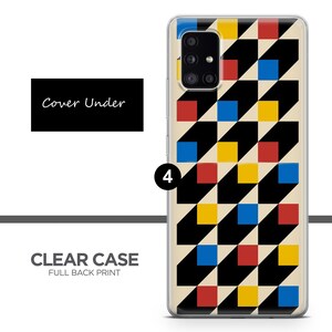 May include: A clear phone case with a geometric pattern in red, yellow, blue, and black. The case is designed for a Samsung Galaxy phone and has a full back print.