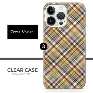 Peut inclure: Une coque de t&eacute;l&eacute;phone transparente avec un motif &eacute;cossais brun, blanc et noir. La coque a un imprim&eacute; sur toute la surface arri&egrave;re et est compatible avec les mod&egrave;les d'iPhone. Le texte "Cover Under" est visible sur l'image.