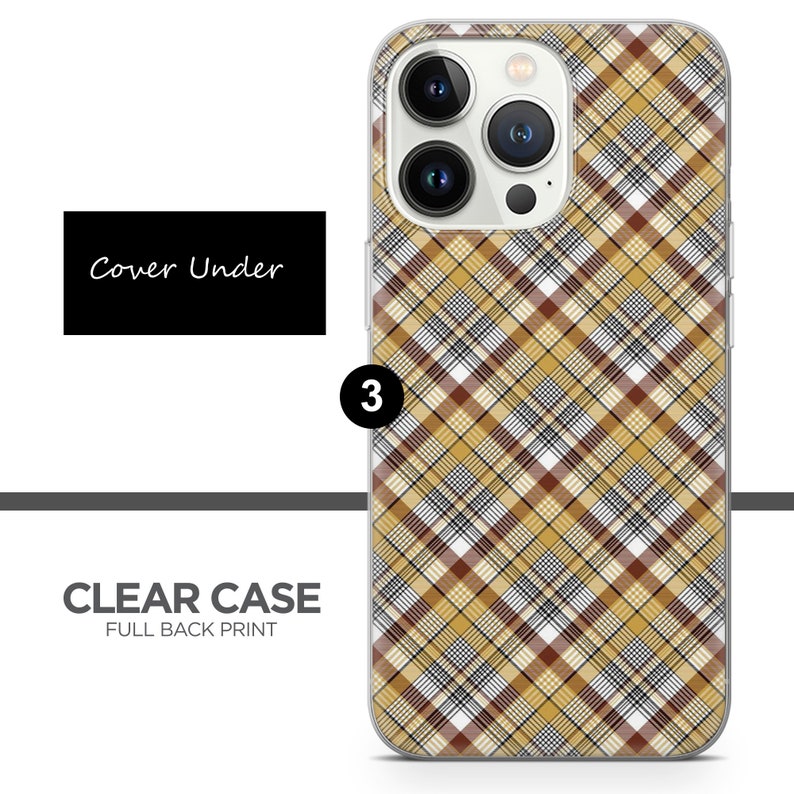 Peut inclure: Une coque de t&eacute;l&eacute;phone transparente avec un motif &eacute;cossais brun, blanc et noir. La coque a un imprim&eacute; sur toute la surface arri&egrave;re et est compatible avec les mod&egrave;les d'iPhone. Le texte "Cover Under" est visible sur l'image.
