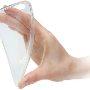K&ouml;nnte beinhalten: Eine transparente Handyh&uuml;lle aus Kunststoff, die zum Schutz eines Smartphones entwickelt wurde. Die H&uuml;lle ist flexibel und hat eine glatte, gl&auml;nzende Oberfl&auml;che.