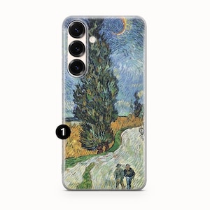 May include: A rectangular smartphone case featuring a reproduction of Vincent van Gogh's Country Road in Provence by Night painting. The design displays a tall dark cypress tree, a winding path, two figures, and a crescent moon in blue and yellow tones.