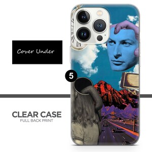 May include: A clear phone case with a full back print of a surreal collage. The image features a blue sky, a mountain range, a road with cars, a clock, and a man with a hand on his head. The number "5" is visible in the lower left corner.