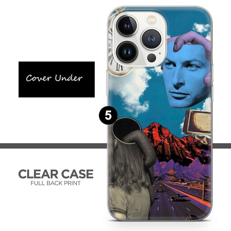 May include: A clear phone case with a full back print of a surreal collage. The image features a blue sky, a mountain range, a road with cars, a clock, and a man with a hand on his head. The number "5" is visible in the lower left corner.