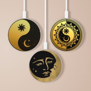 Gold Wireless Charger, Moon and Sun Charging Pad for iPhone 13, 12, 11, X, Samsung S22, Samsung S21 FE, Samsung Note 10, Z Flip, Huawei Mate