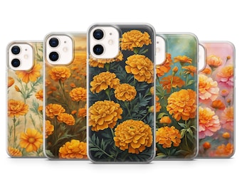 Custodia per telefono Marigolds con fiori per iPhone 17 Pro Max, 16e, 15, 14, 12 e Samsung S25 Ultra, S24 FE, A56, Pixel 10 XL, 9a, 8