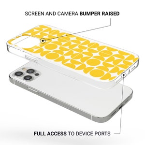May include: A clear phone case with a yellow geometric pattern. The case has raised edges to protect the screen and camera. The text "SCREEN AND CAMERA BUMPER RAISED" is at the top of the image. The text "FULL ACCESS TO DEVICE PORTS" is at the bottom of the image.