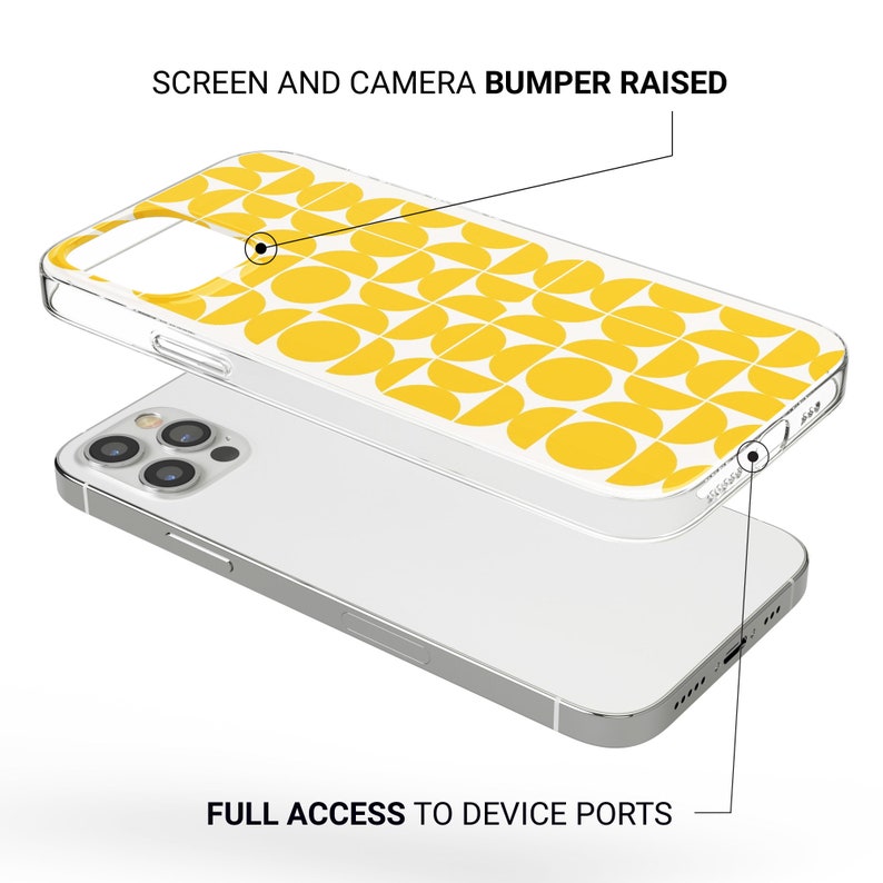 May include: A clear phone case with a yellow geometric pattern. The case has raised edges to protect the screen and camera. The text "SCREEN AND CAMERA BUMPER RAISED" is at the top of the image. The text "FULL ACCESS TO DEVICE PORTS" is at the bottom of the image.