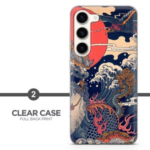 May include: A clear smartphone case featuring a full back print of a mythical creature, a large red sun, and stylized ocean waves. The design includes a bird-like figure in the upper right corner and intricate patterns in blue, orange, and cream.