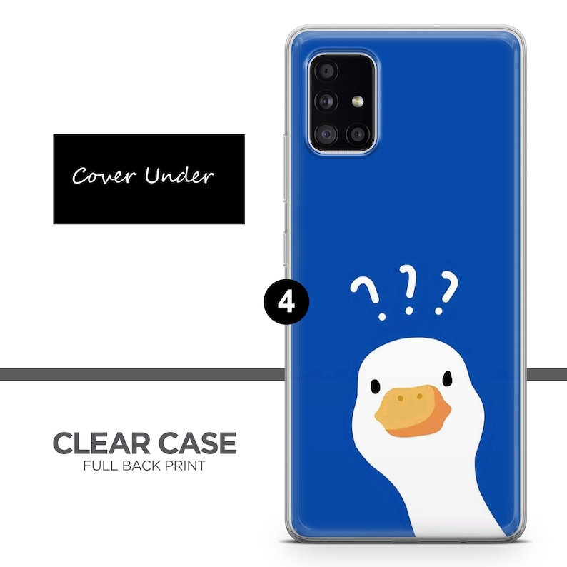 K&ouml;nnte beinhalten: Eine transparente Handyh&uuml;lle mit blauem Hintergrund und einer wei&szlig;en Cartoon-Gans mit Fragezeichen &uuml;ber dem Kopf. Der Text "???" ist auf der H&uuml;lle aufgedruckt. Die H&uuml;lle ist f&uuml;r ein Handy mit einem dreifachen Kameraobjektiv konzipiert.