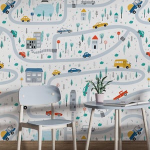 漫画の車と道路の壁紙：子供部屋の装飾