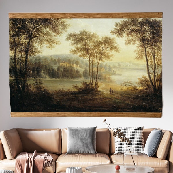 Landscape Watercolor Art, Forest with river, Vintage Watercolor Print Tapestry, Nature Wall Hanging Canvas, Retro panoramic Tapestry