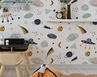 Kids Space Wallpaper Peel and Stick | Astronaut Wallpaper | Space Adventure Wall Mural Planets Astronaut Space Wallpaper for Kids Room