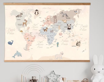 Baby room map decor, Animal world map for kids print, Children&#39;s room decor, Educational print