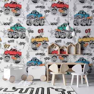 GO Monster Truck Wallpaper, Carta da parati per la stanza dei ragazzi, Murale di monster truck da corsa, Design per la stanza dei giochi, Adesivi murali per la cameretta dei bambini #24