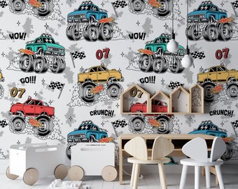 Tapeta GO Monster Truck, tapeta do pokoju chłopca, mural z wyścigowymi ciężarówkami Monster Truck, projekt pokoju zabaw, naklejki ścienne do pokoju dziecięcego nr 24