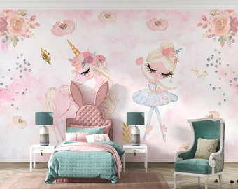 Princess Unicorn Wallpaper Mural: Peel & Stick Kids Nursery Decor