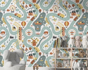 Cartoon Cars Trains and Road Wallpaper, Peel and Stick Wallpaper, Playroom Wallpaper, Fun Wallpaper, Kids Room Decor Accent Racetrack Car