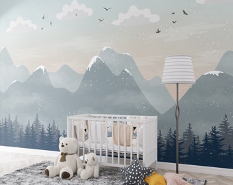 Watercolor Green Mountain Self Adhesive Wallpaper - Abstract Boho Style Peel and Stick Mural Hand Drawing - Removable Wall Decal
